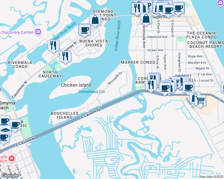 map of restaurants, bars, coffee shops, grocery stores, and more near 407 Bouchelle Drive in New Smyrna Beach