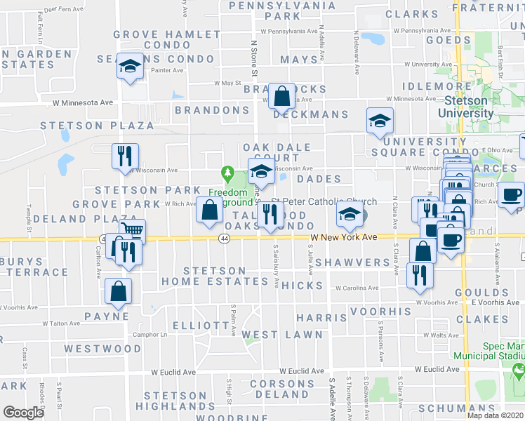 map of restaurants, bars, coffee shops, grocery stores, and more near 628 West Rich Avenue in DeLand