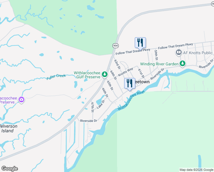 map of restaurants, bars, coffee shops, grocery stores, and more near 31 65th St in Yankeetown