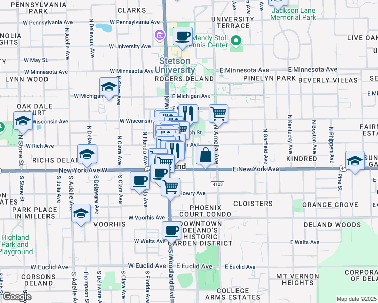 map of restaurants, bars, coffee shops, grocery stores, and more near 134 DeLand Greenway in DeLand