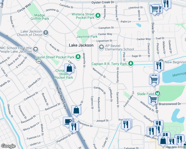 map of restaurants, bars, coffee shops, grocery stores, and more near 59 Caladium Court in Lake Jackson