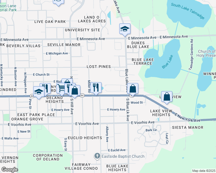map of restaurants, bars, coffee shops, grocery stores, and more near 1310 Pup Fish Lane in DeLand