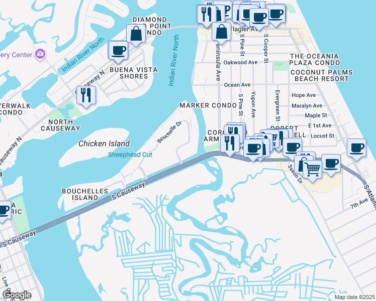 map of restaurants, bars, coffee shops, grocery stores, and more near 420 Bouchelle Drive in New Smyrna Beach