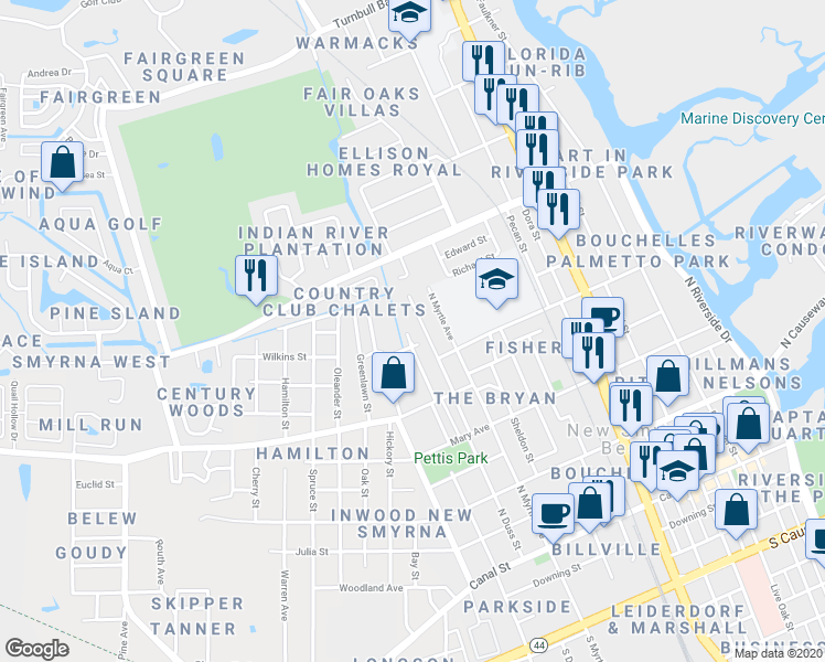 map of restaurants, bars, coffee shops, grocery stores, and more near 611 Warn Ree Circle in New Smyrna Beach