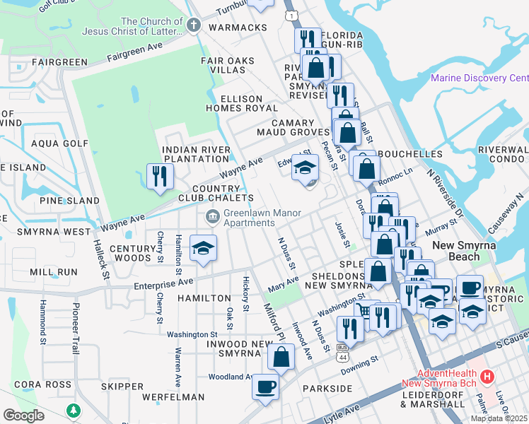 map of restaurants, bars, coffee shops, grocery stores, and more near 611 Warn Ree Circle in New Smyrna Beach