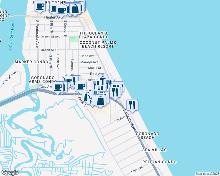 map of restaurants, bars, coffee shops, grocery stores, and more near 1208 South Atlantic Avenue in New Smyrna Beach