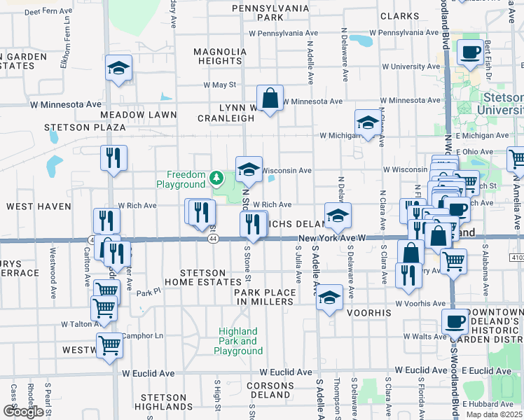 map of restaurants, bars, coffee shops, grocery stores, and more near 628 West Rich Avenue in DeLand