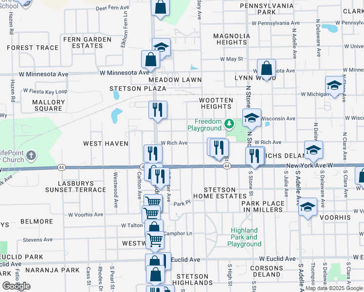 map of restaurants, bars, coffee shops, grocery stores, and more near 125 Stetson Park Drive in DeLand
