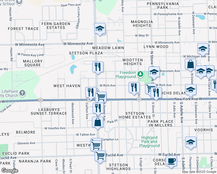 map of restaurants, bars, coffee shops, grocery stores, and more near 125 Stetson Park Drive in DeLand