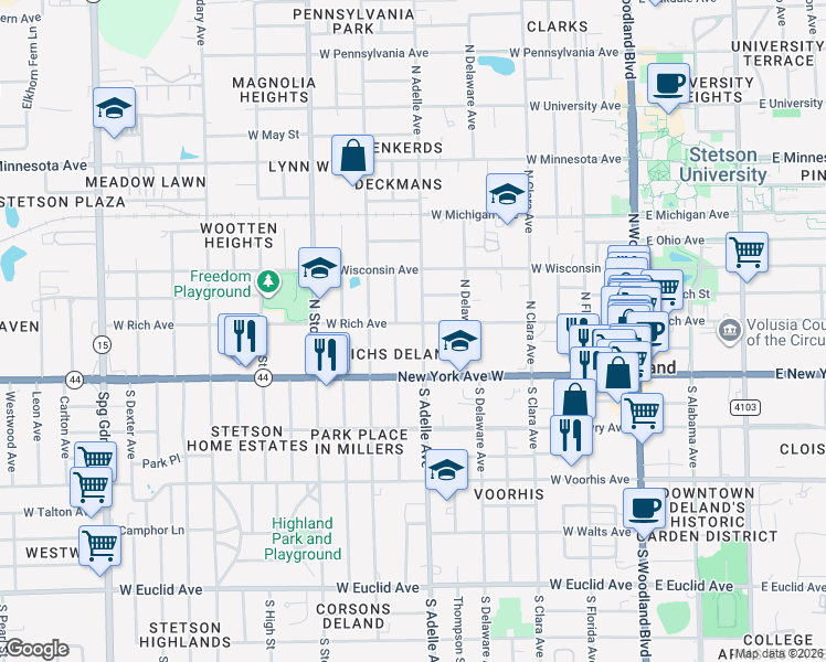 map of restaurants, bars, coffee shops, grocery stores, and more near 142 North Adelle Avenue in DeLand