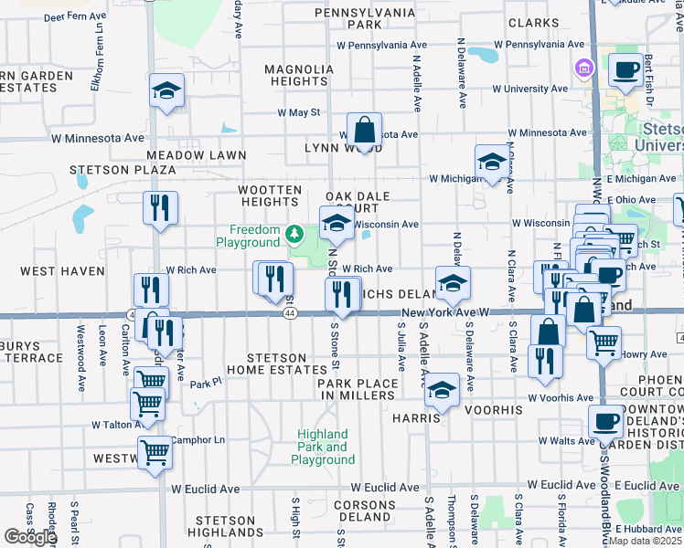 map of restaurants, bars, coffee shops, grocery stores, and more near 145 North Stone Street in DeLand