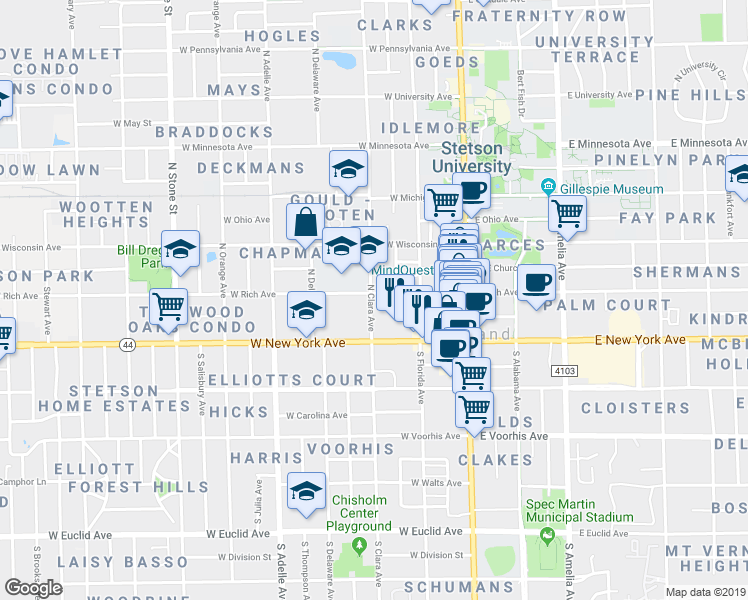 map of restaurants, bars, coffee shops, grocery stores, and more near 145 North Clara Avenue in DeLand