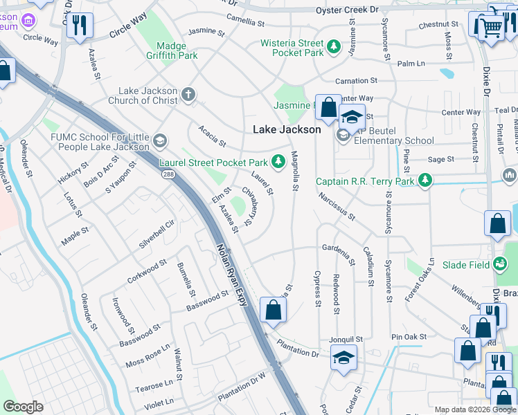 map of restaurants, bars, coffee shops, grocery stores, and more near 117 Chinaberry Street in Lake Jackson