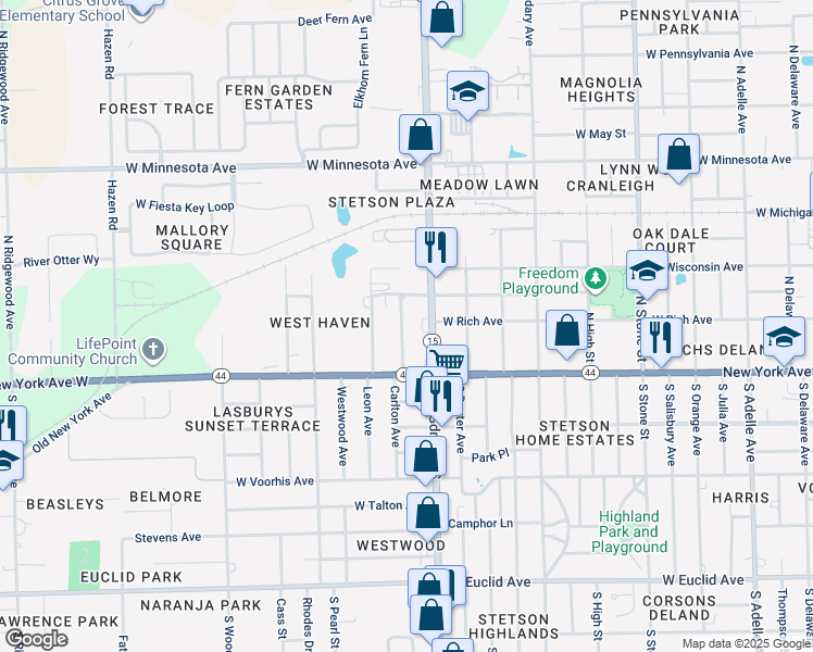 map of restaurants, bars, coffee shops, grocery stores, and more near 133 Lucie Avenue in DeLand