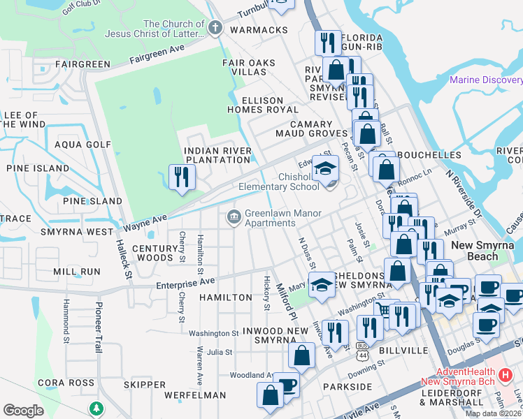 map of restaurants, bars, coffee shops, grocery stores, and more near 600 Greenlawn Street in New Smyrna Beach