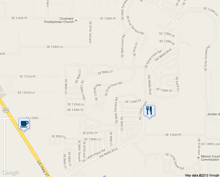 map of restaurants, bars, coffee shops, grocery stores, and more near 13239 Southeast 91st Court Road in Summerfield