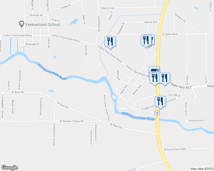 map of restaurants, bars, coffee shops, grocery stores, and more near 11553 North Honey Jorden Point in Inglis