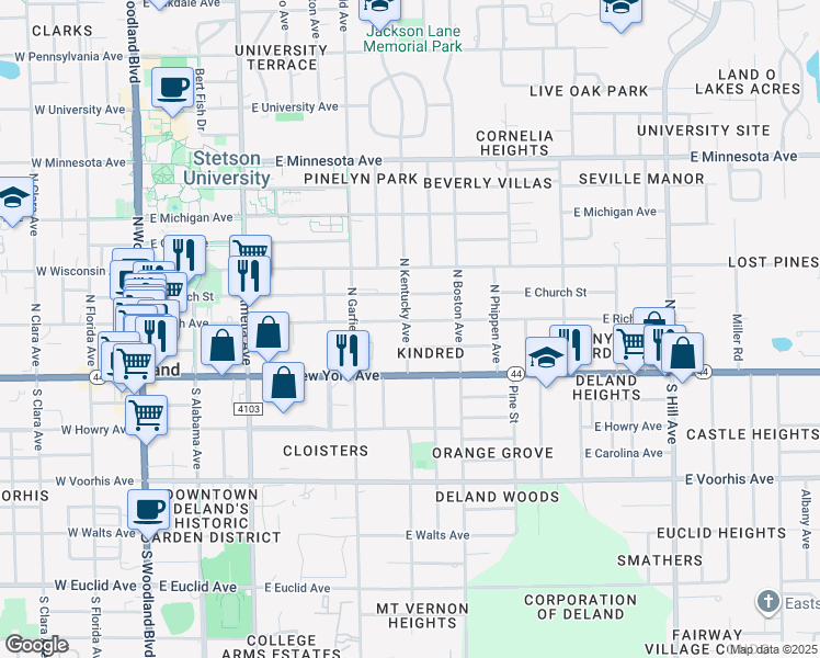 map of restaurants, bars, coffee shops, grocery stores, and more near 139 North Kentucky Avenue in DeLand