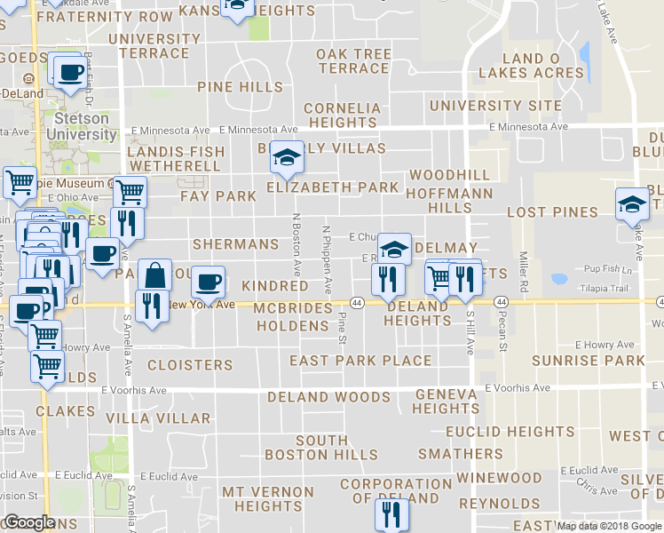 map of restaurants, bars, coffee shops, grocery stores, and more near 133 North Phippen Avenue in DeLand