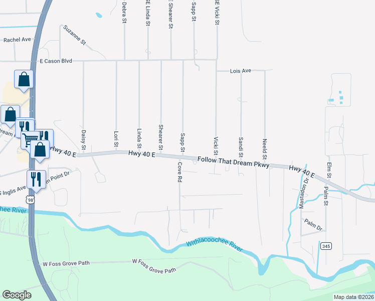 map of restaurants, bars, coffee shops, grocery stores, and more near 405 County Road 40 in Inglis