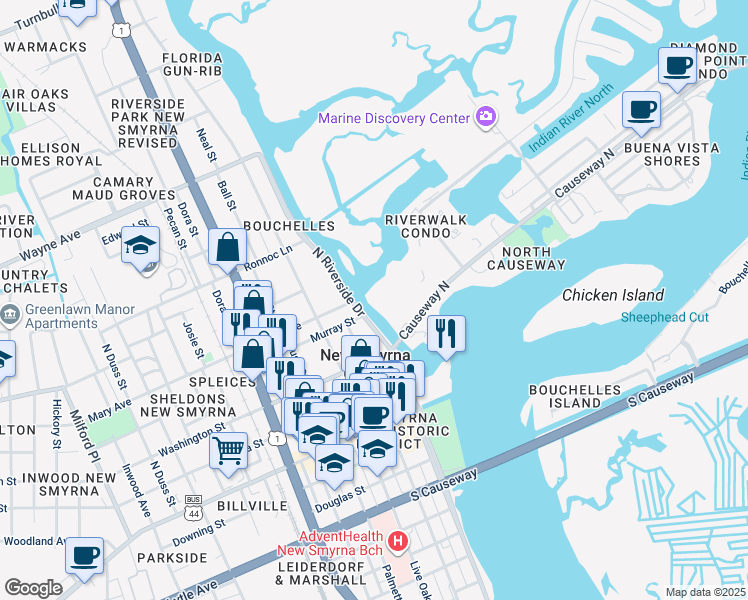 map of restaurants, bars, coffee shops, grocery stores, and more near 402 North Riverside Drive in New Smyrna Beach