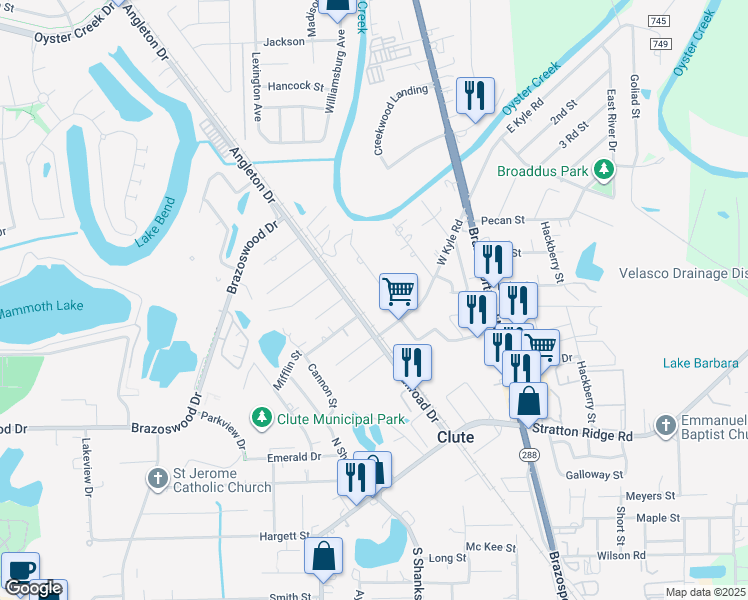 map of restaurants, bars, coffee shops, grocery stores, and more near 612 Old Angleton Road in Clute