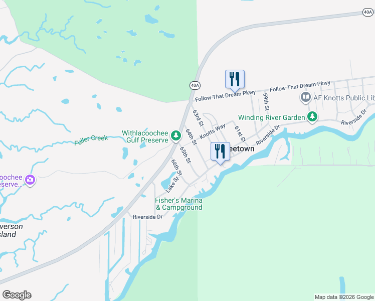 map of restaurants, bars, coffee shops, grocery stores, and more near 31 65th Street in Yankeetown