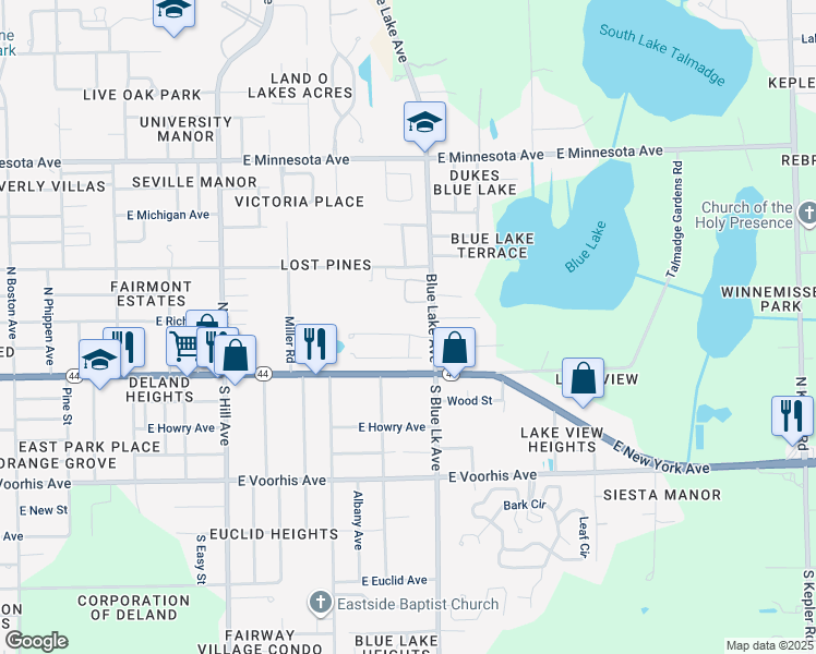 map of restaurants, bars, coffee shops, grocery stores, and more near 1347 Pup Fish Lane in DeLand