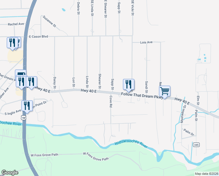 map of restaurants, bars, coffee shops, grocery stores, and more near 405 County Road 40 in Inglis