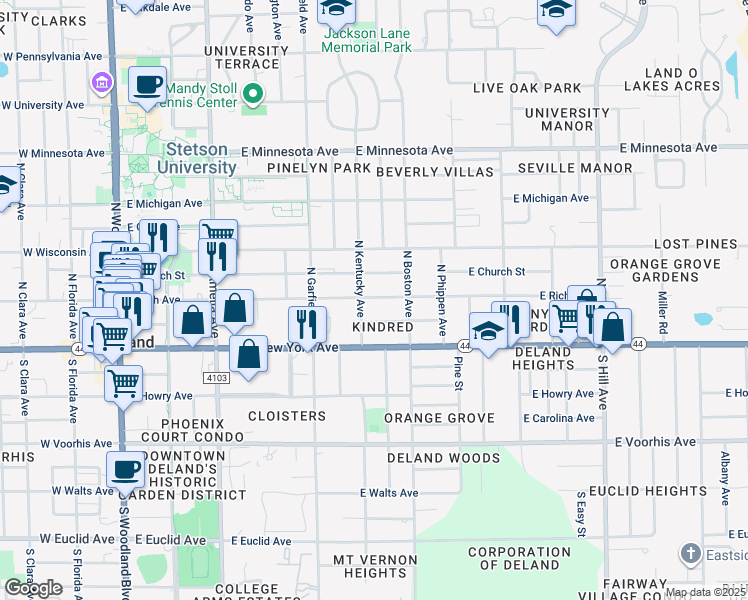 map of restaurants, bars, coffee shops, grocery stores, and more near 613 East Indiana Avenue in DeLand