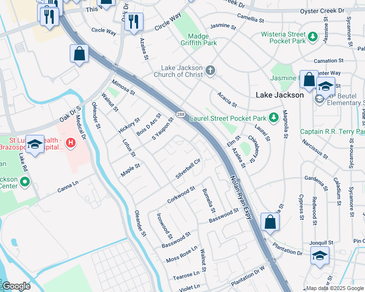 map of restaurants, bars, coffee shops, grocery stores, and more near 69 Chervil Common in Lake Jackson