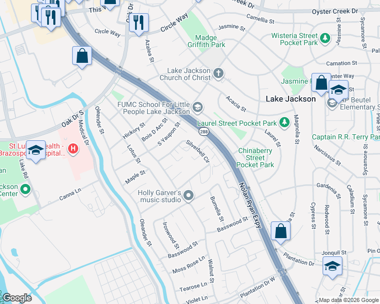 map of restaurants, bars, coffee shops, grocery stores, and more near 66 Cayenne Common in Lake Jackson