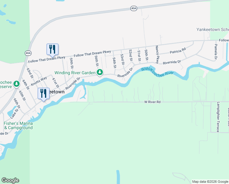 map of restaurants, bars, coffee shops, grocery stores, and more near 16275 West River Road in Inglis