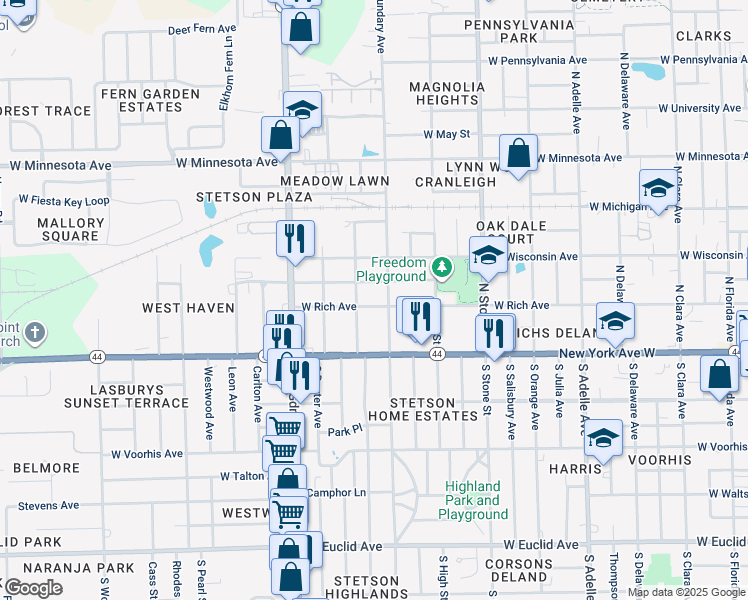 map of restaurants, bars, coffee shops, grocery stores, and more near 907 West Rich Avenue in DeLand