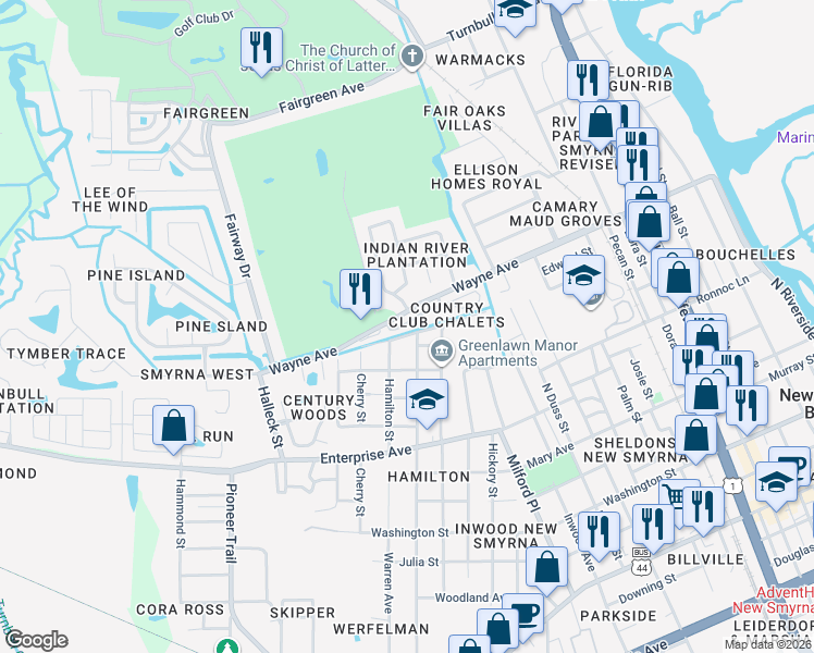 map of restaurants, bars, coffee shops, grocery stores, and more near 11B Country Club Drive in New Smyrna Beach