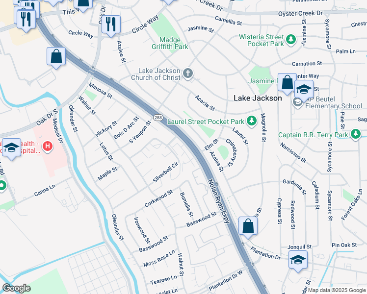 map of restaurants, bars, coffee shops, grocery stores, and more near 440 Texas 332 in Lake Jackson