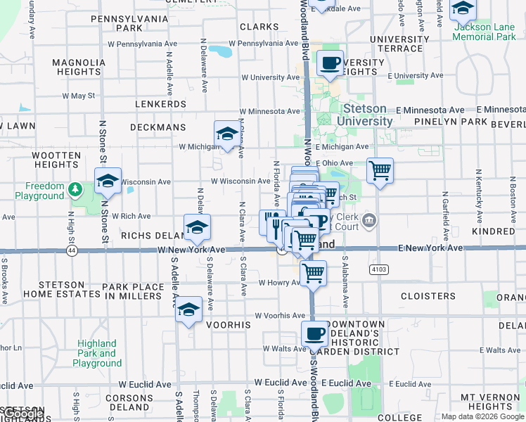 map of restaurants, bars, coffee shops, grocery stores, and more near 130 North Florida Avenue in DeLand