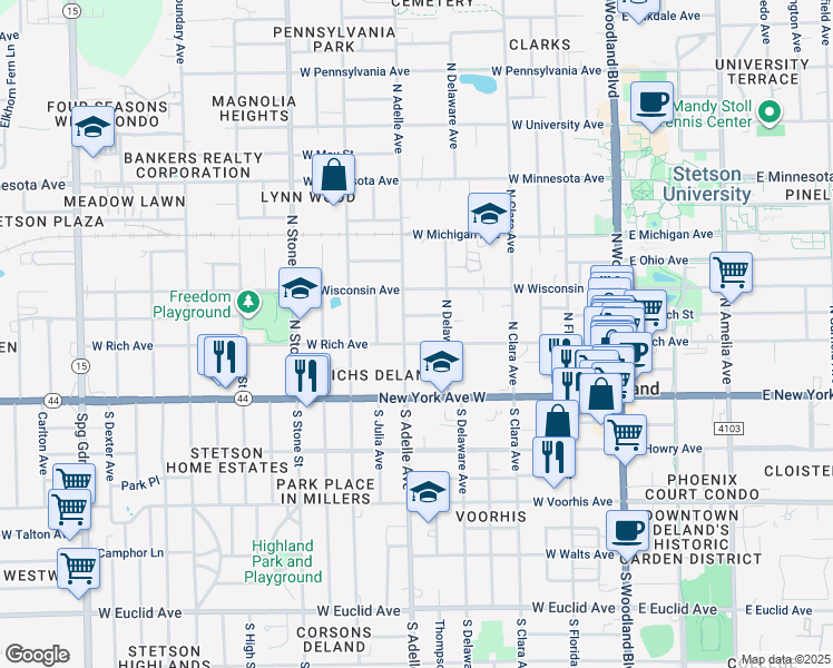map of restaurants, bars, coffee shops, grocery stores, and more near 142 North Adelle Avenue in DeLand