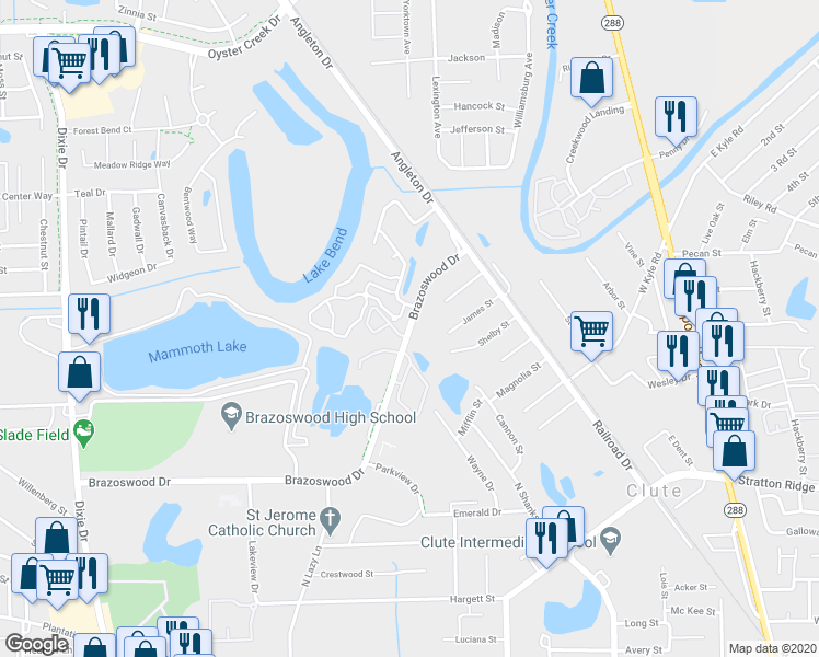 map of restaurants, bars, coffee shops, grocery stores, and more near 207 Brazoswood Drive in Clute