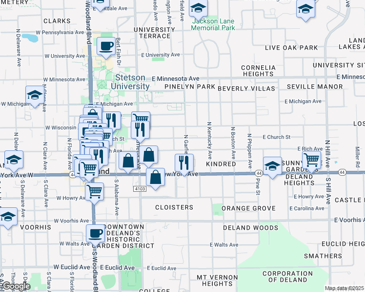 map of restaurants, bars, coffee shops, grocery stores, and more near 437 East Rich Avenue in DeLand