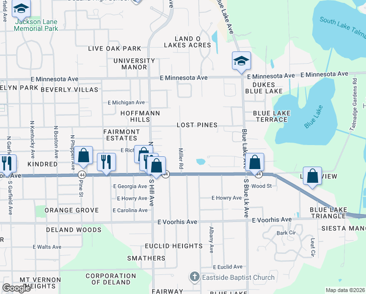 map of restaurants, bars, coffee shops, grocery stores, and more near 240 Miller Road in DeLand