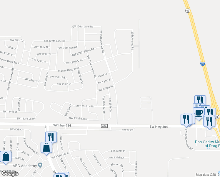 map of restaurants, bars, coffee shops, grocery stores, and more near 2970 Southwest 132nd Street in Ocala