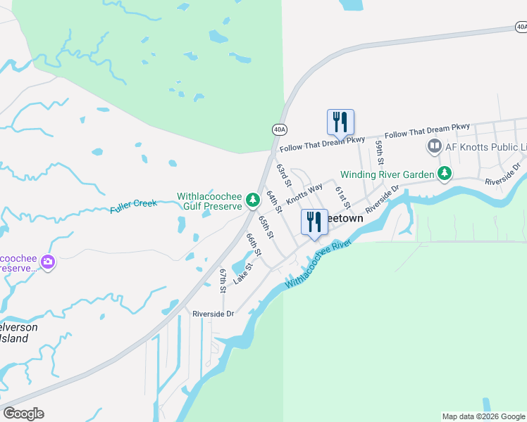 map of restaurants, bars, coffee shops, grocery stores, and more near 6405 Highway 40 West in Yankeetown