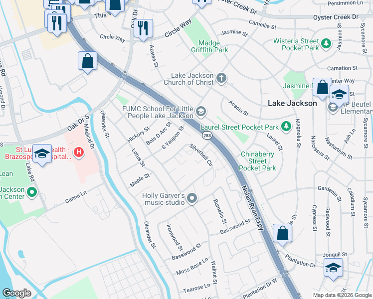 map of restaurants, bars, coffee shops, grocery stores, and more near 304 Mimosa Street in Lake Jackson