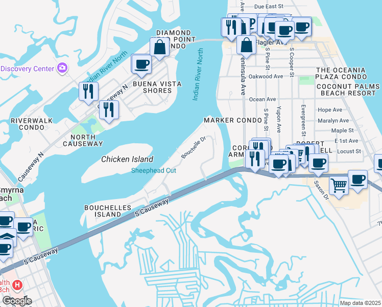 map of restaurants, bars, coffee shops, grocery stores, and more near 446 Bouchelle Drive in New Smyrna Beach