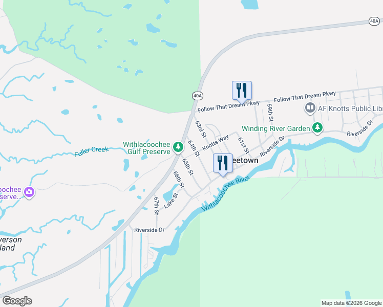 map of restaurants, bars, coffee shops, grocery stores, and more near 36 64th Street in Yankeetown