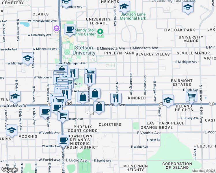 map of restaurants, bars, coffee shops, grocery stores, and more near 210 North Arlington Avenue in DeLand