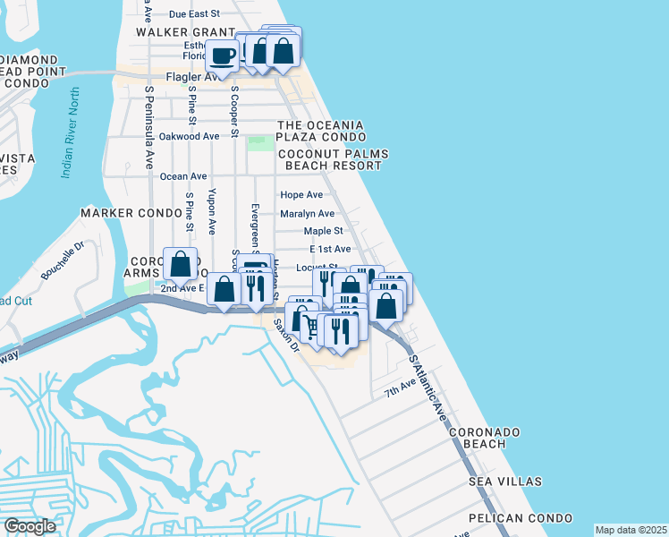 map of restaurants, bars, coffee shops, grocery stores, and more near 919 East 1st Avenue in New Smyrna Beach