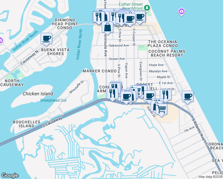 map of restaurants, bars, coffee shops, grocery stores, and more near 535 South Peninsula Avenue in New Smyrna Beach