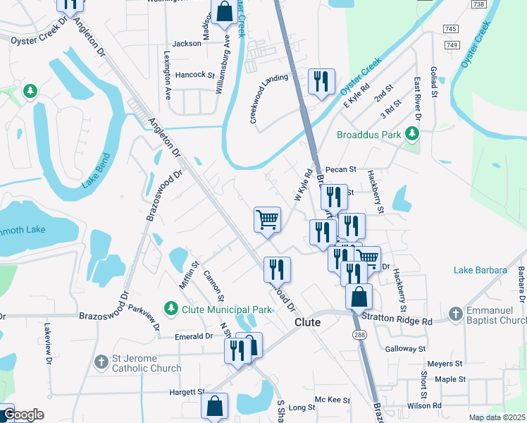 map of restaurants, bars, coffee shops, grocery stores, and more near 751 Saint Anne Street in Clute